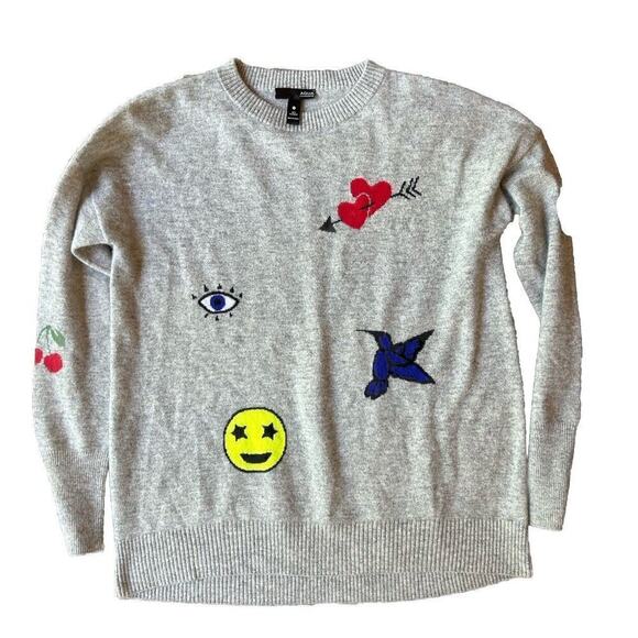 Aqua 100% Cashmere Grey Sweater Pop Art Heart Stars SZ Small - Picture 1 of 3